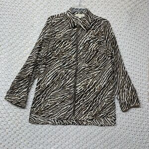 Michael Kors Top Animal Print MK Blouse Shirt Women‎ L  Full Zip Up Roll Sleeves